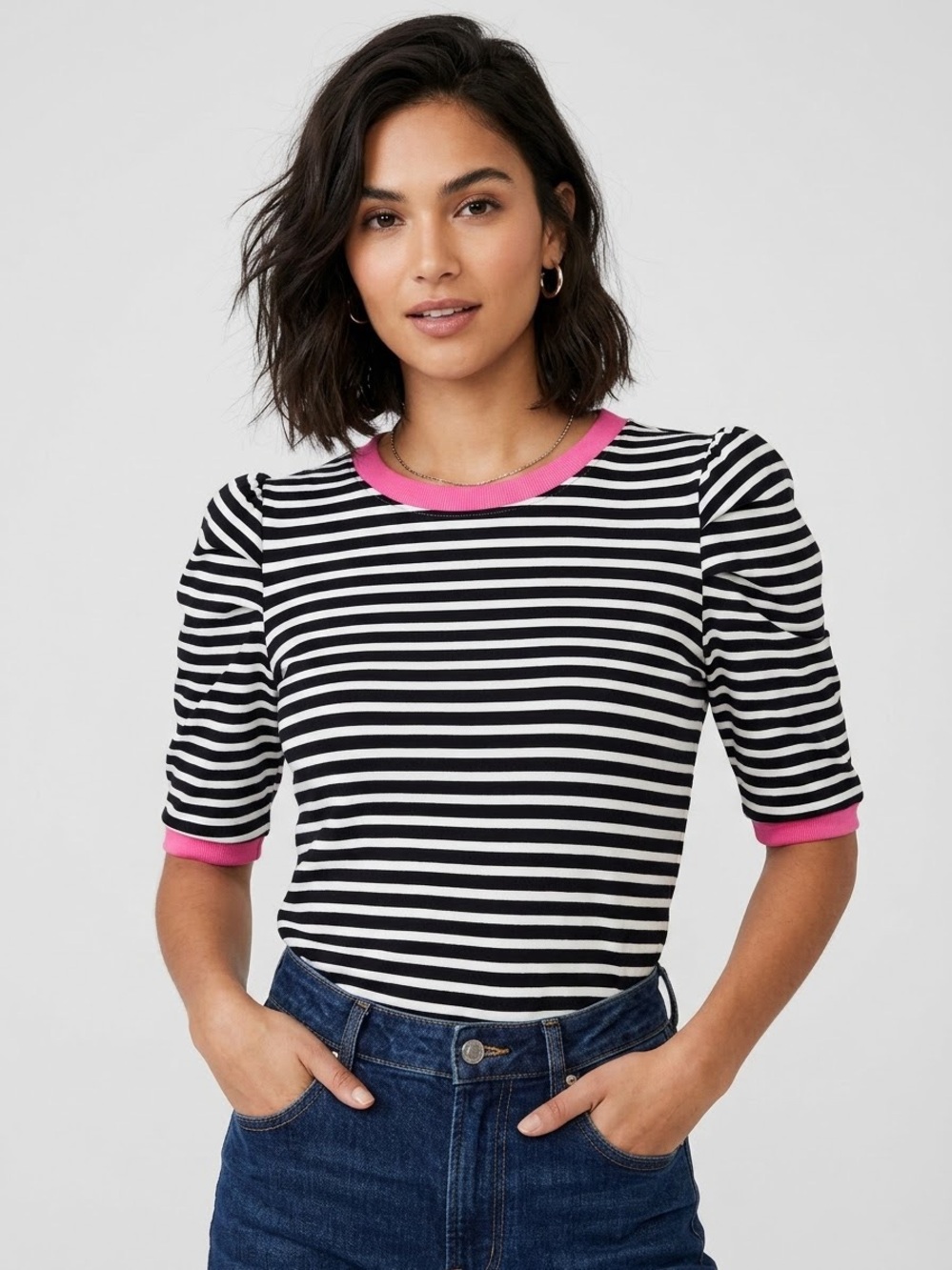 Rebecca Minkoff Black & White Striped Top Hot Pink Trim Puff Sleeves Size Medium
